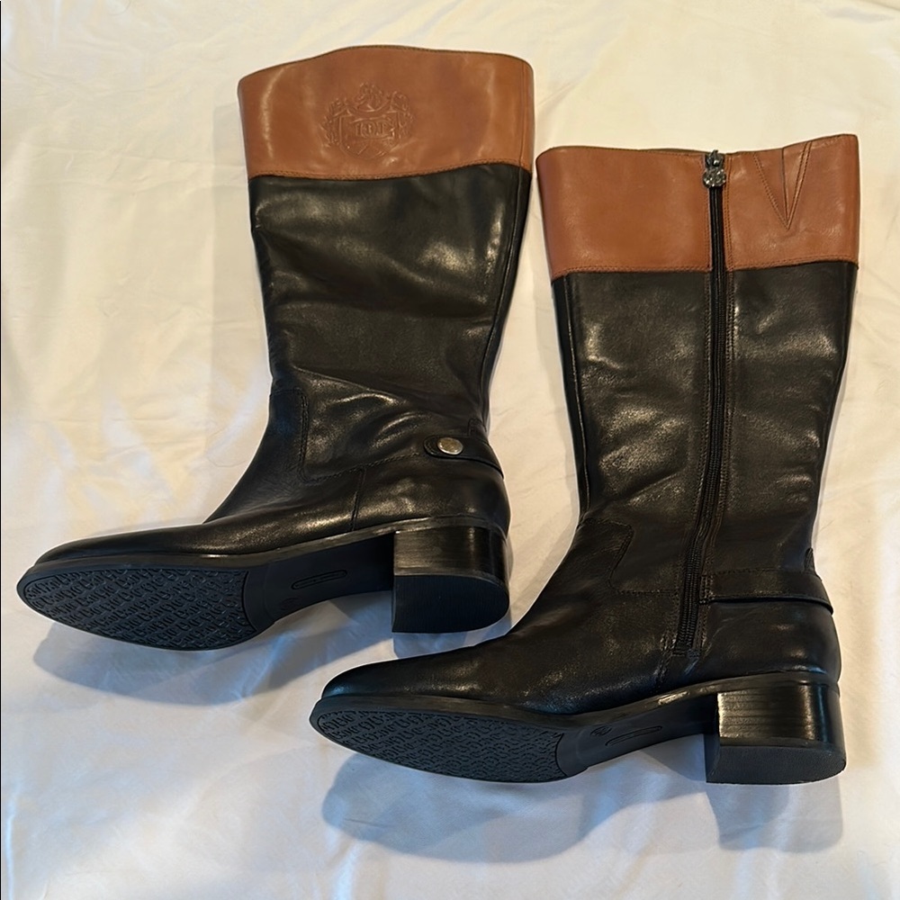 NWOT 9.5 Wide Calf Etienne Aigner Black and Tan Heeled Boots with Side Zipper